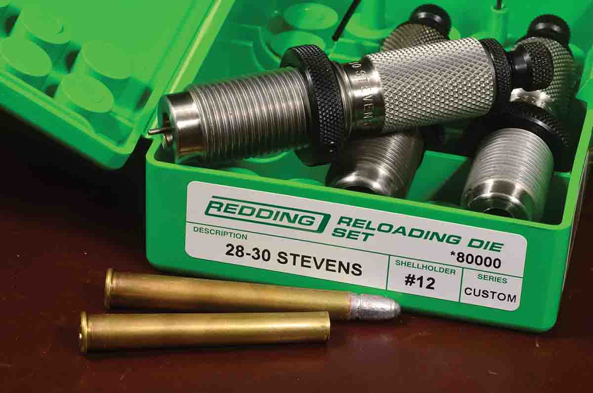 With its long, slim case, the .28-30 is a difficult cartridge to make dies for. Some older dies misaligned the bullet, but this new set from Redding worked to perfection.